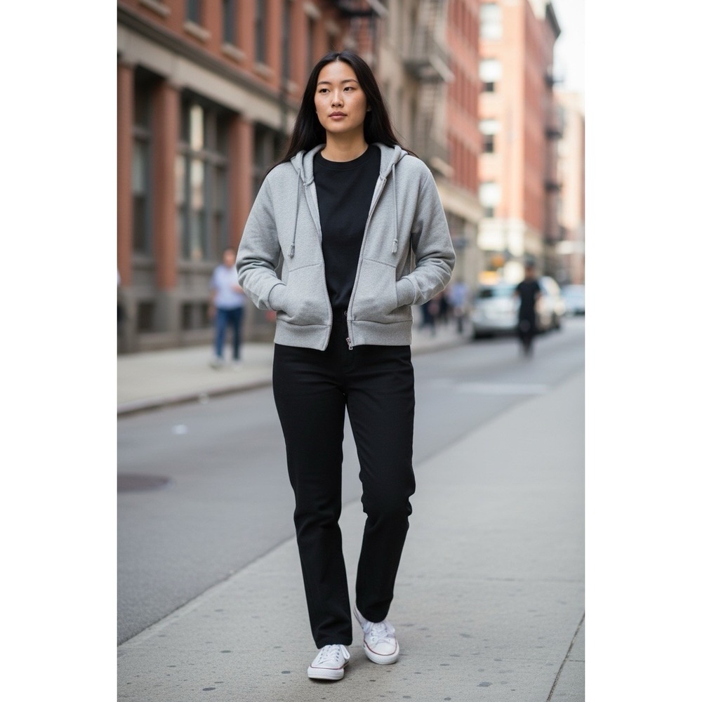 John Galt Zip Cropped Hoodie Womens OS Ribbed Heather Gray Long Sleeve Pockets S